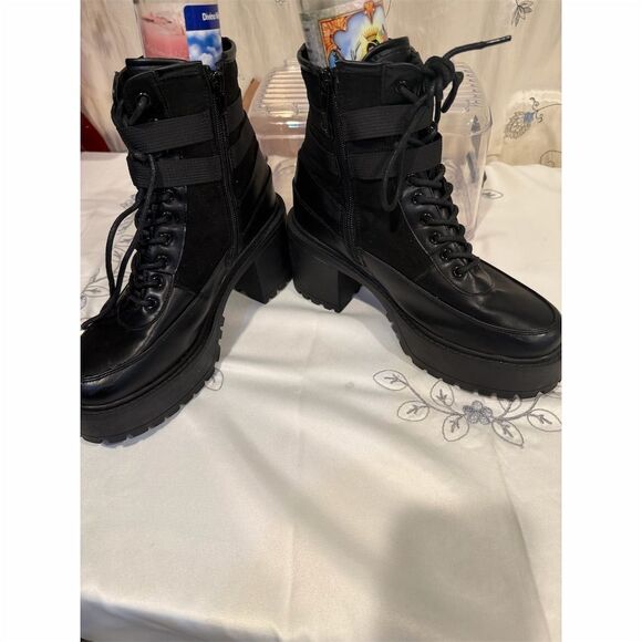 French connection Women's Black Chunky Platform Boots Size 9 Lace & Buckle - Picture 4 of 12